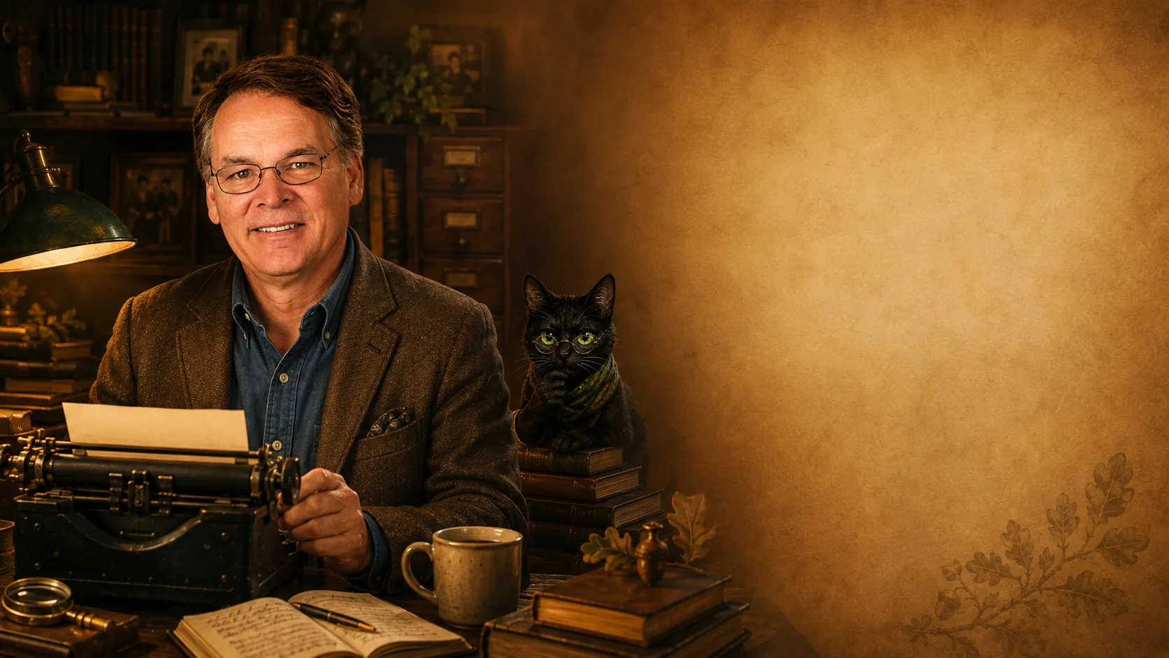 Bob Shellwood at a typewriter in a warm literary study